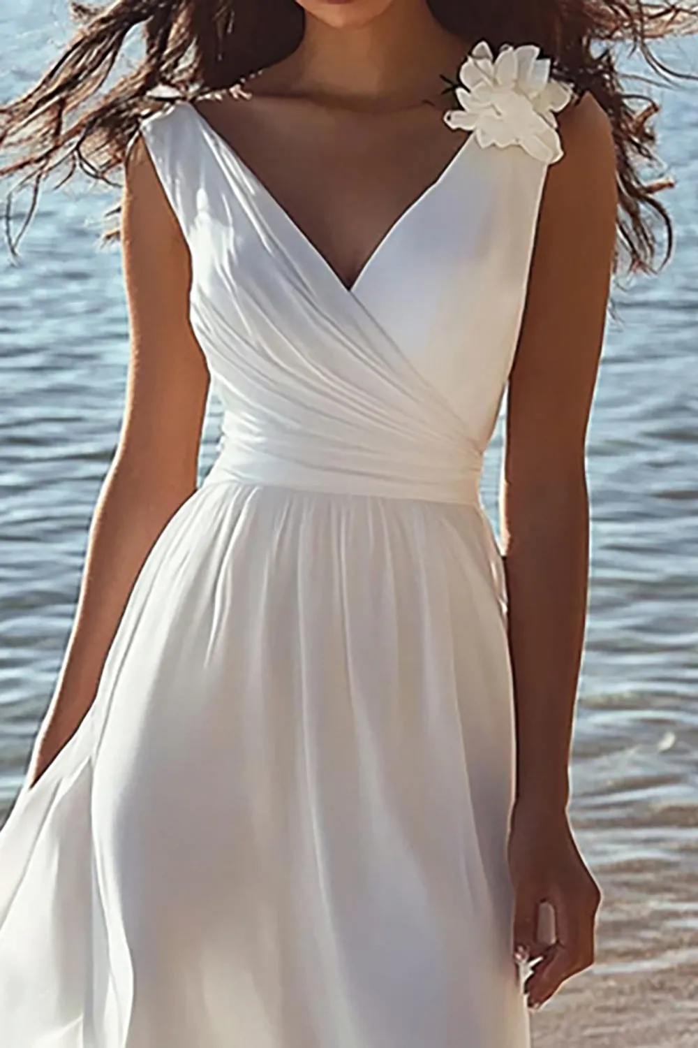 A Line V-Neck Sleeveless White Graduation Dress sold by Zapaka product image thumbnail 2