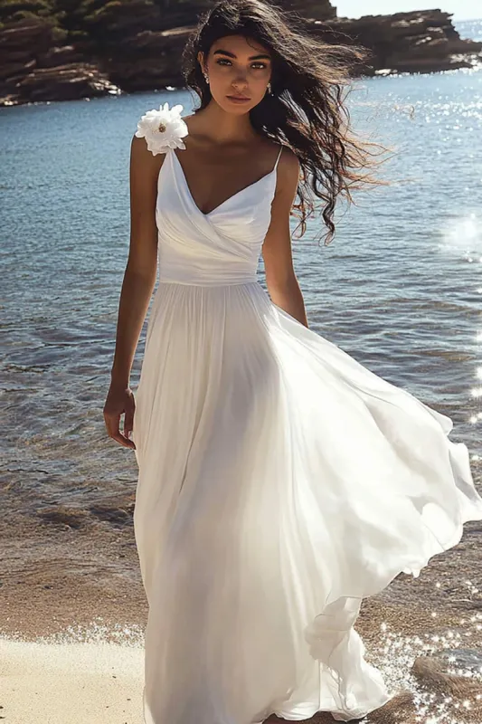 White A Line Spaghetti Straps Graduation Dress sold by Zapaka