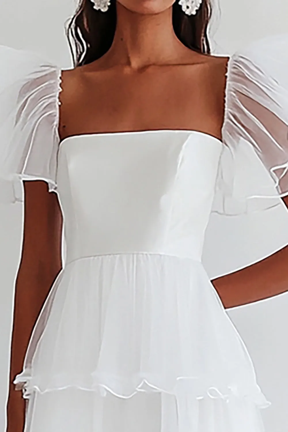 A Line White Ruffles Half Sleeves Square Neck Long Graduation Dress sold by Zapaka product image thumbnail 2
