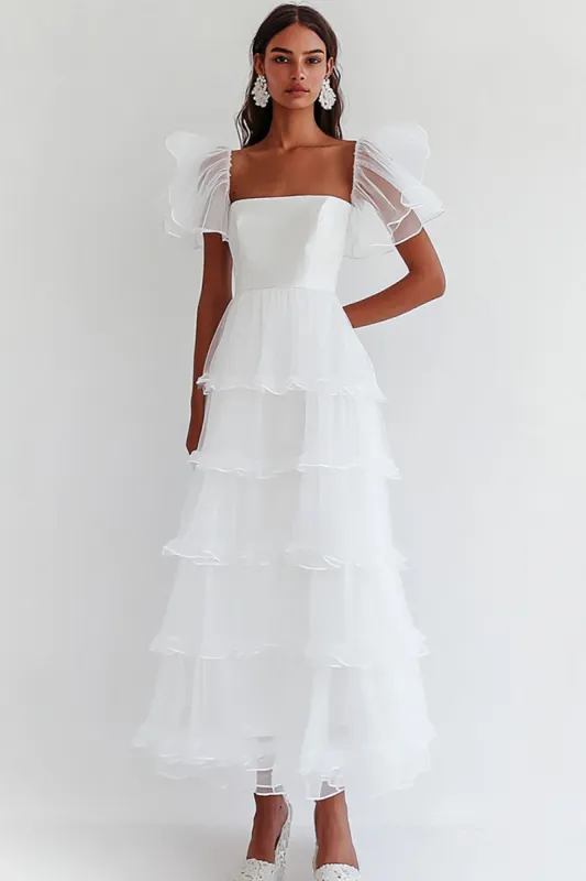 A Line White Ruffles Half Sleeves Square Neck Long Graduation Dress sold by Zapaka