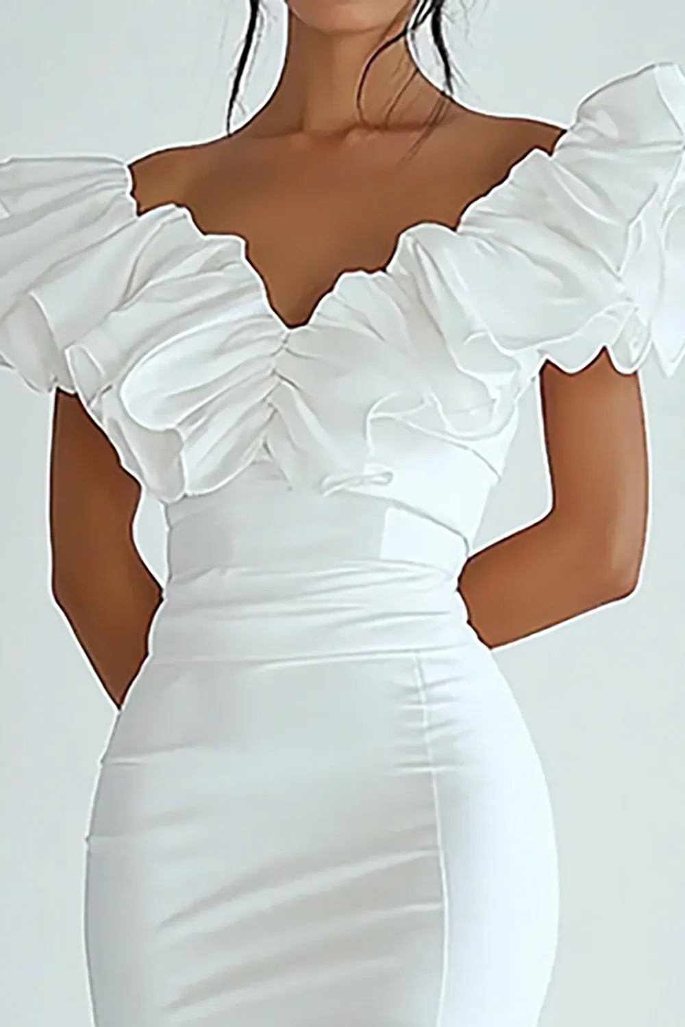 Bodycon White V-Neck Satin Graduation Dress With Short Sleeves sold by Zapaka product image thumbnail 2