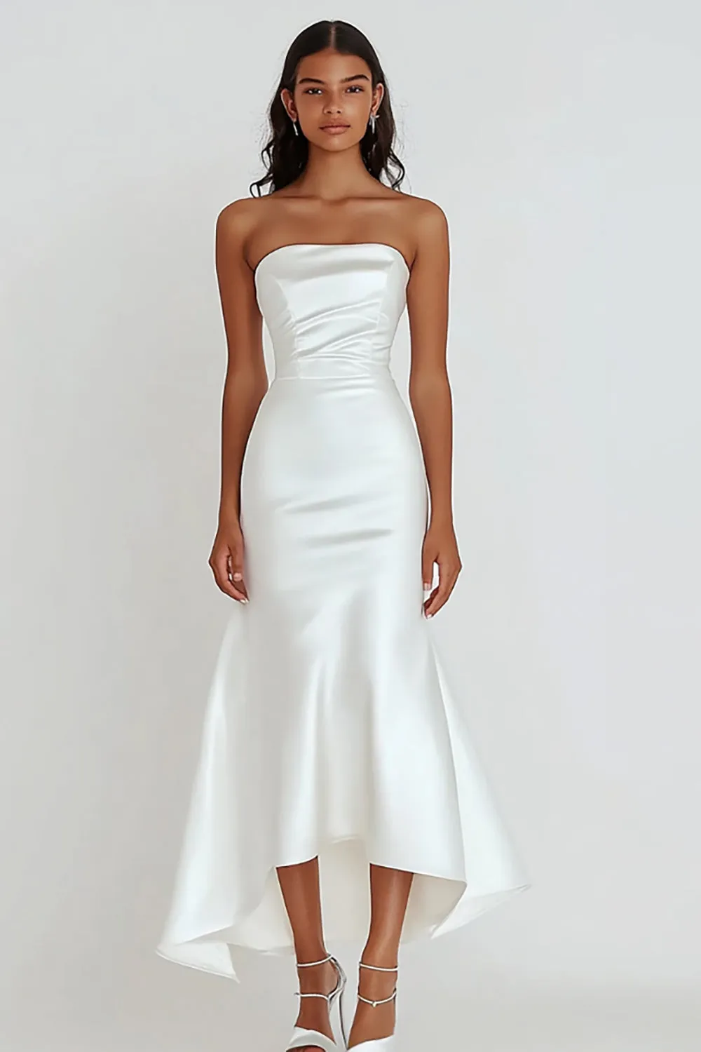 White Strapless Sheath Satin Ruffled Graduation Dress sold by Zapaka