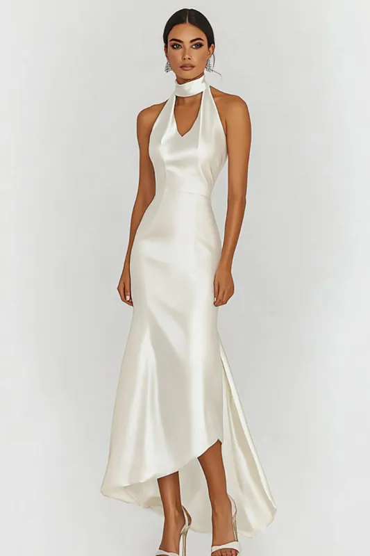 Sleeveless Halter Sheath White Long Graduation Dress sold by Zapaka
