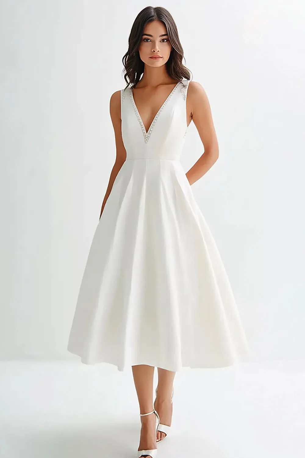 White Sleeveless A Line Matte Satin Long Graduation Dress sold by Zapaka