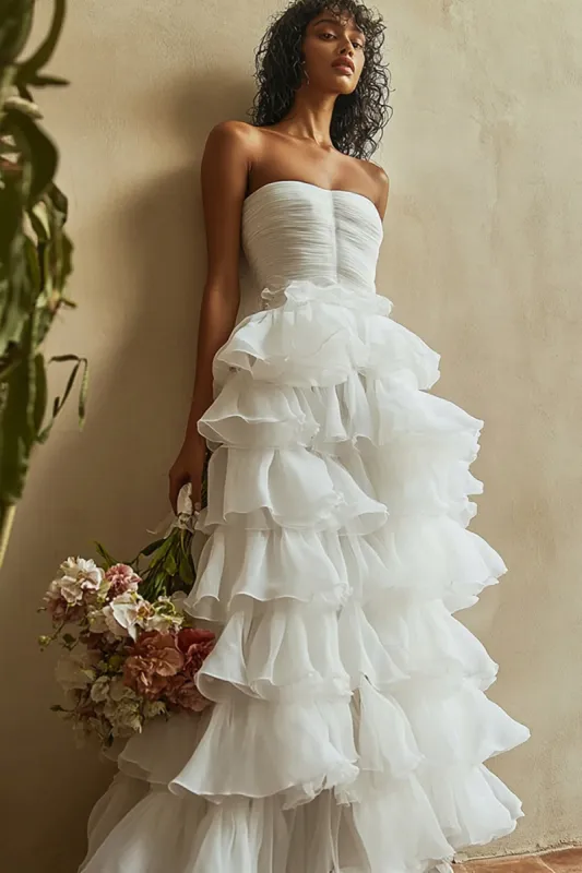 White Organza A Line Tiered Strapless Ruffled Long Graduation Dress sold by Zapaka