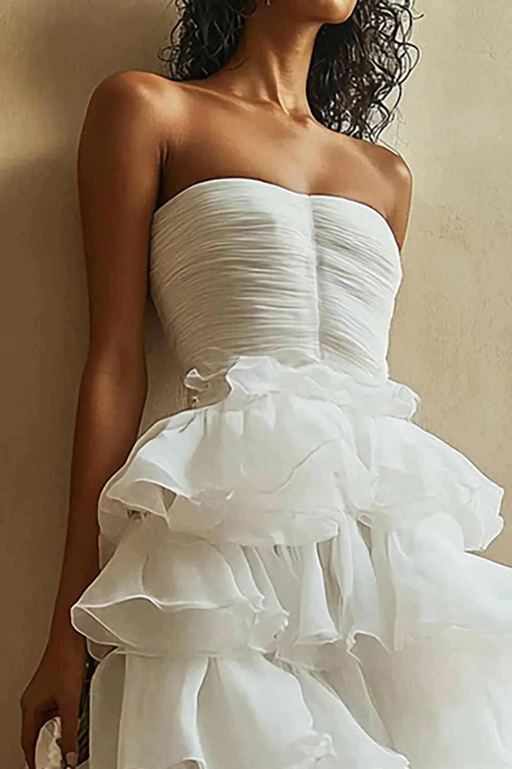 White Organza A Line Tiered Strapless Ruffled Long Graduation Dress sold by Zapaka product image thumbnail 2