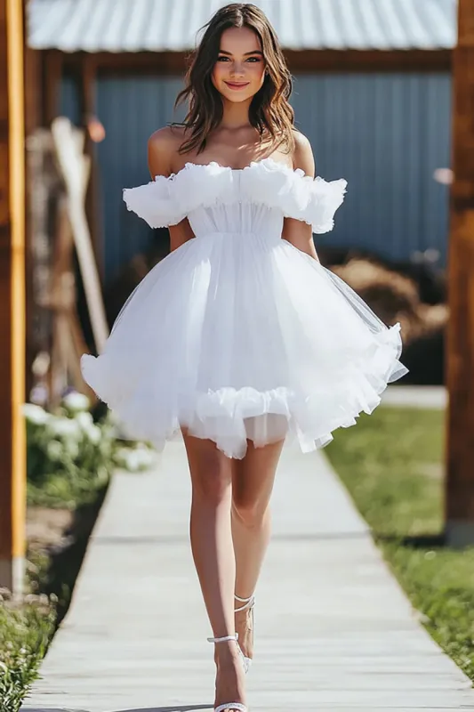 Flirty White Off the Shoulder Ruffled A Line Tulle Short Graduation Dress sold by Zapaka