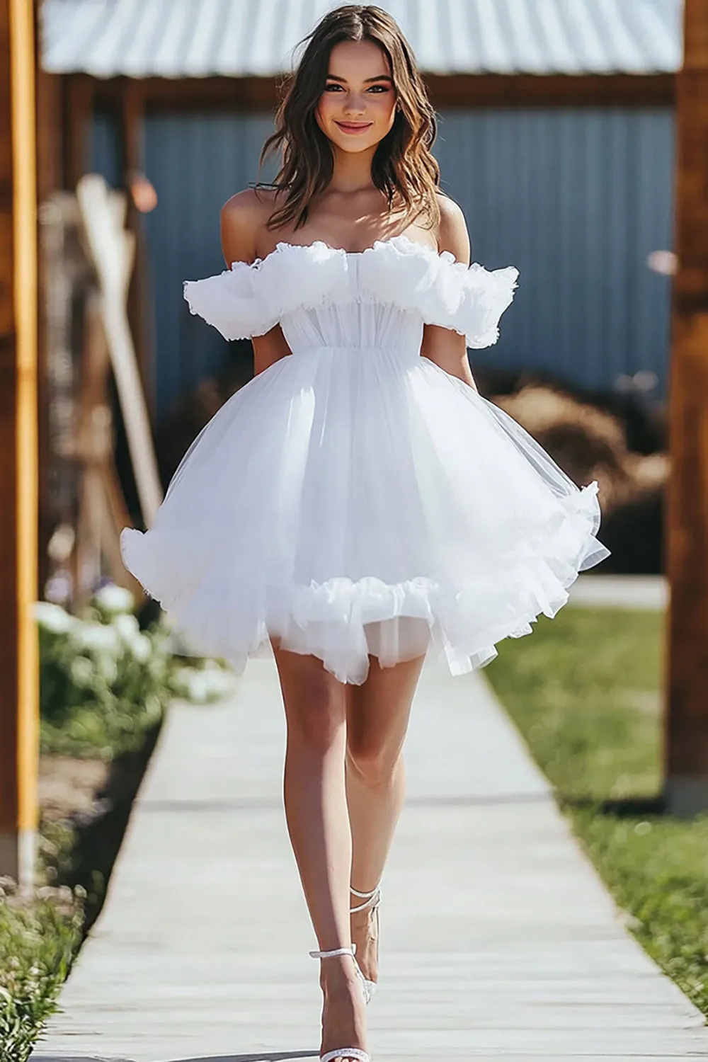 Flirty White Off the Shoulder Ruffled A Line Tulle Short Graduation Dress sold by Zapaka