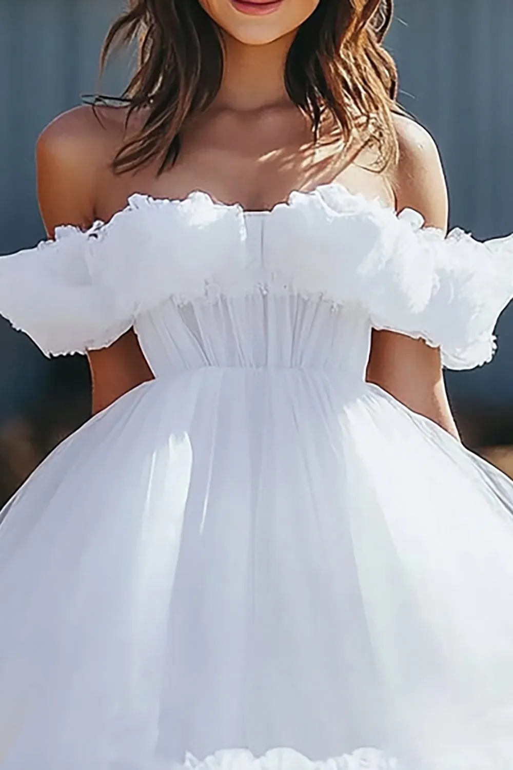 Flirty White Off the Shoulder Ruffled A Line Tulle Short Graduation Dress sold by Zapaka product image thumbnail 2