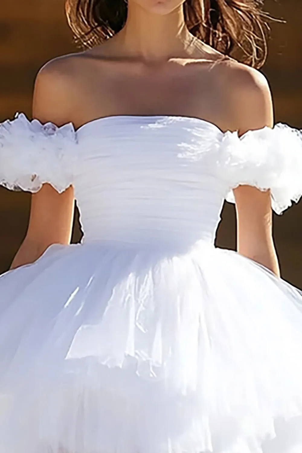White A Line Ruffled Off the Shoulder Tulle Short Graduation Dress sold by Zapaka product image thumbnail 2