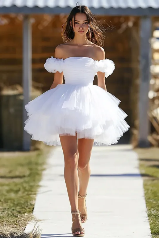 White A Line Ruffled Off the Shoulder Tulle Short Graduation Dress sold by Zapaka