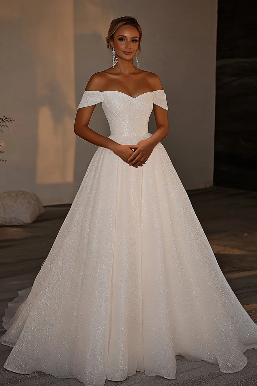 Sparkly Ivory A Line Tulle Off the Shoulder Pleated Wedding Dress sold by Zapaka