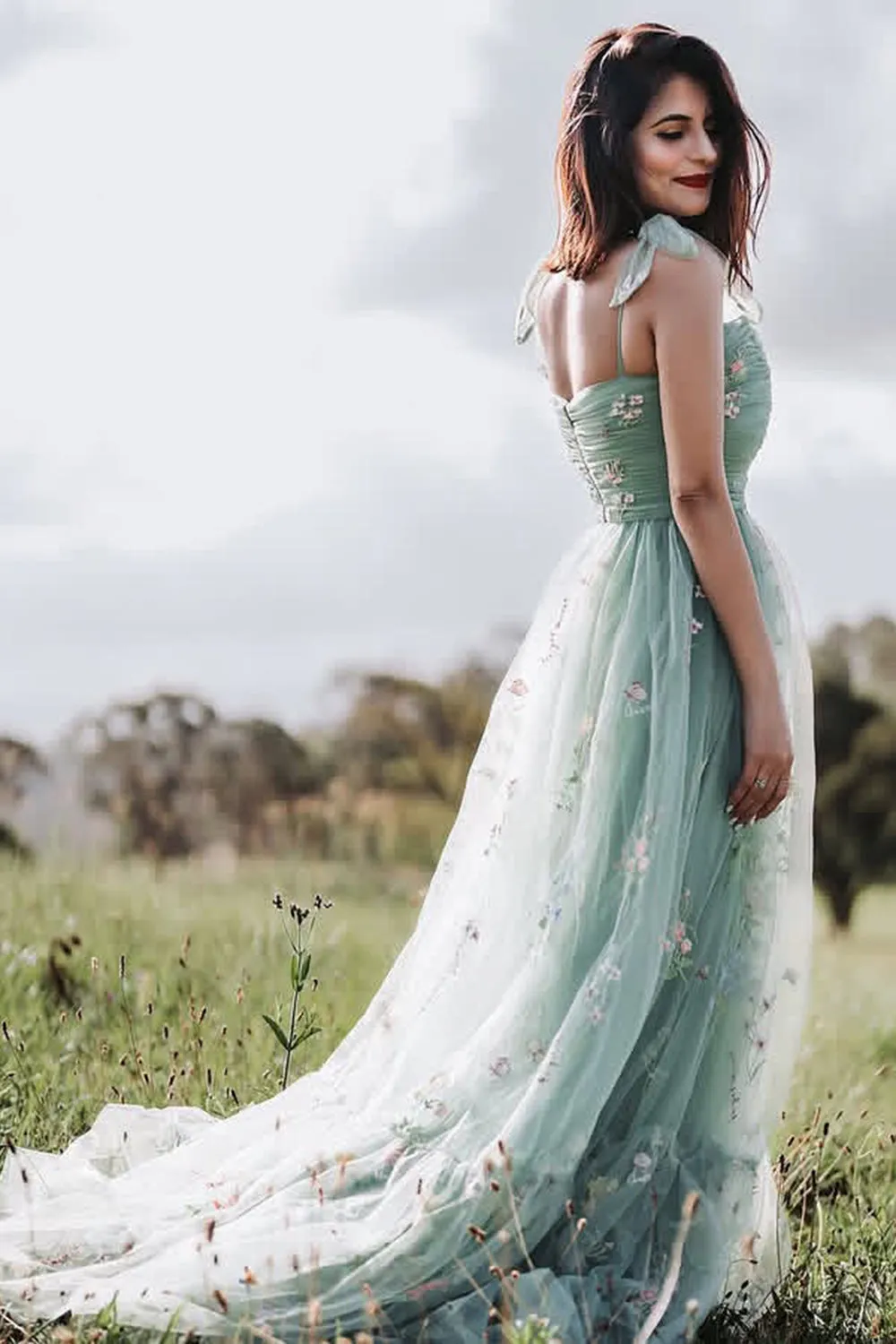 Green Tulle A-Line Spaghetti Straps Ruched Long Prom Dress with Embroidery sold by Zapaka product image thumbnail 2