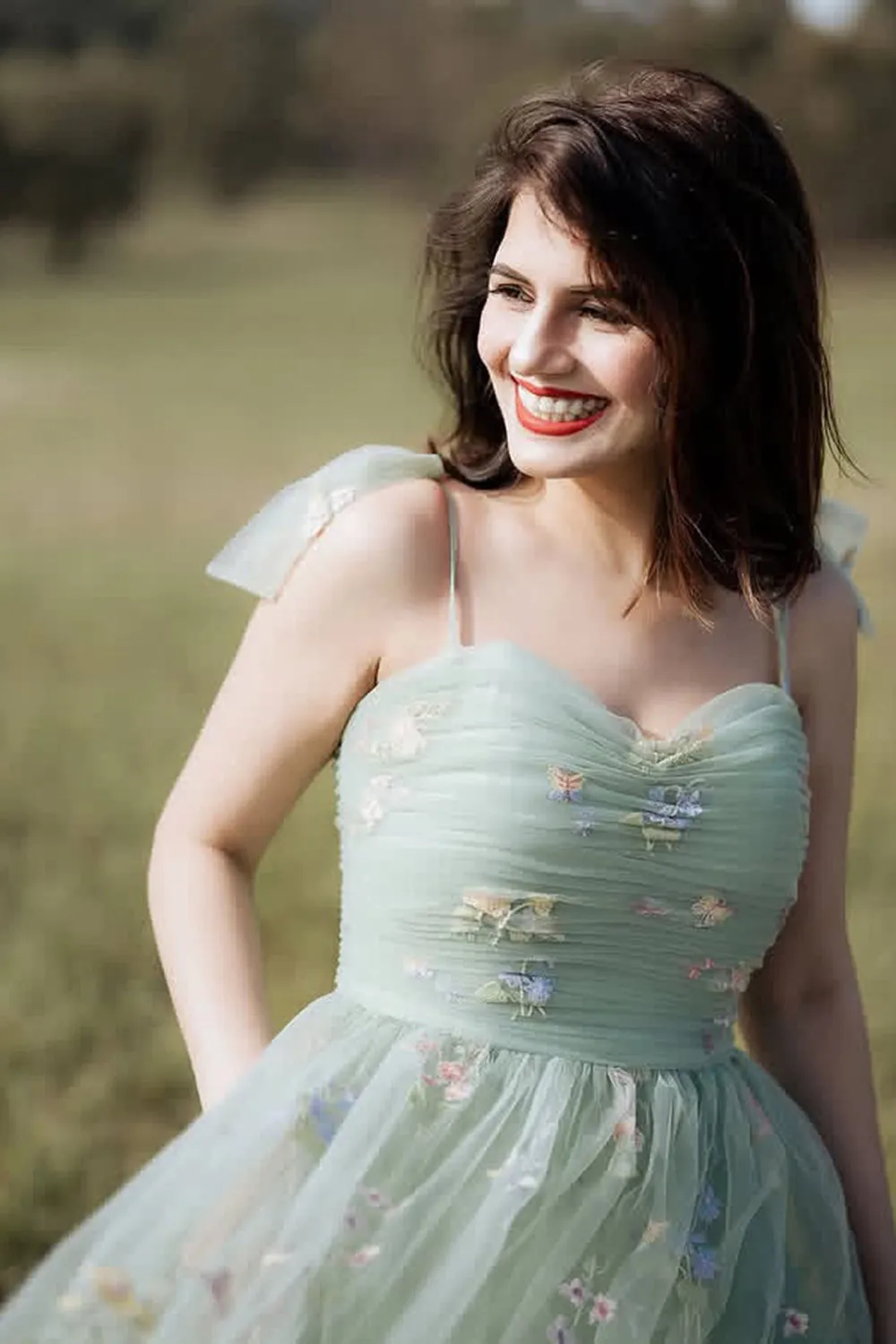 Green Tulle A-Line Spaghetti Straps Ruched Long Prom Dress with Embroidery sold by Zapaka product image thumbnail 4