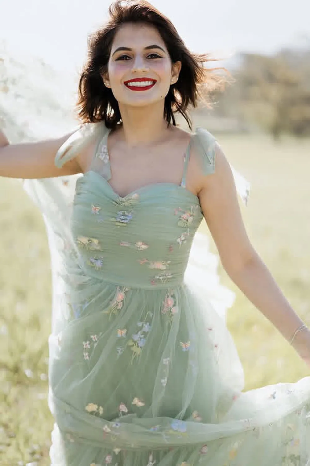 Green Tulle A-Line Spaghetti Straps Ruched Long Prom Dress with Embroidery sold by Zapaka product image thumbnail 5