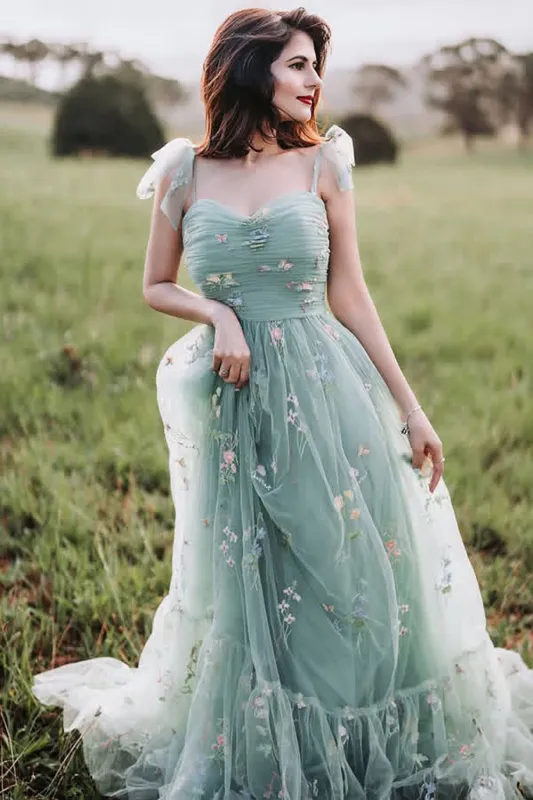 Green Tulle A-Line Spaghetti Straps Ruched Long Prom Dress with Embroidery sold by Zapaka
