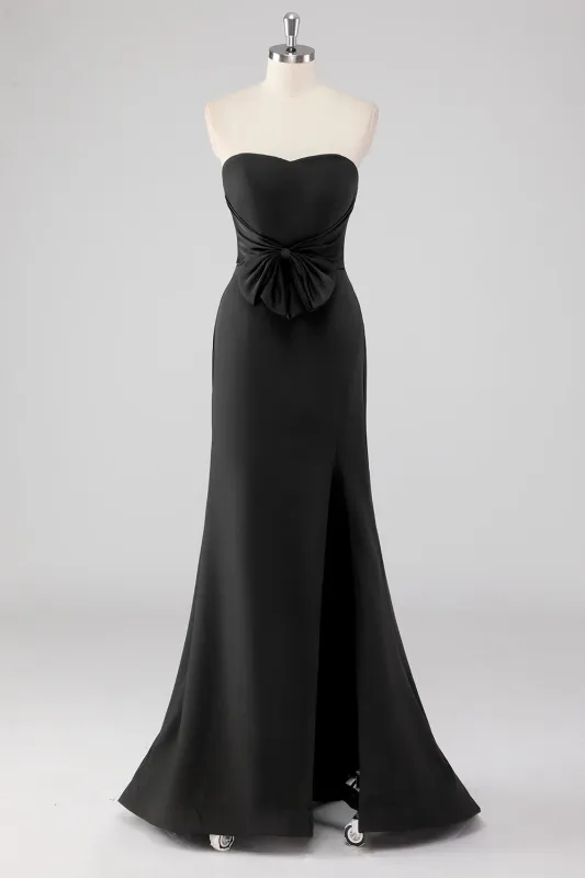 Elegant Black Strapless Bow Detail Mermaid Evening Dress with Slit sold by Zapaka