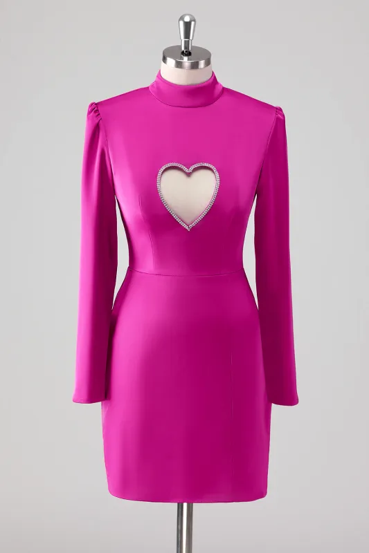 Fuchsia Satin Sheath High Neck Cut Out Short Formal Dress With Long Sleeves sold by Zapaka