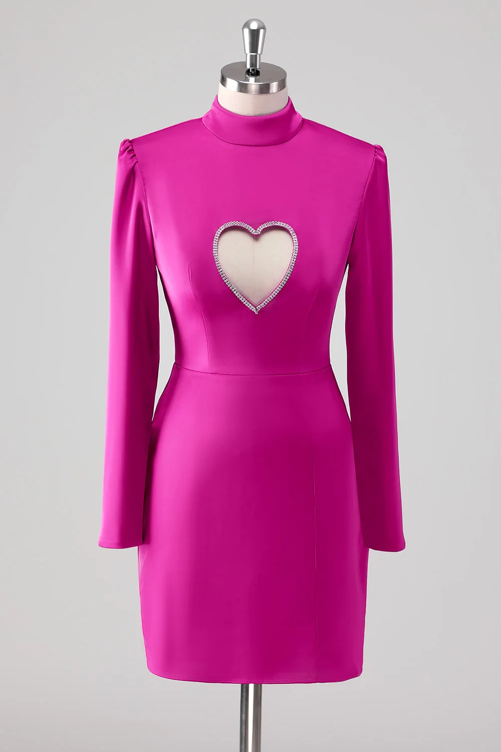 Fuchsia Satin Sheath High Neck Cut Out Short Formal Dress With Long Sleeves sold by Zapaka