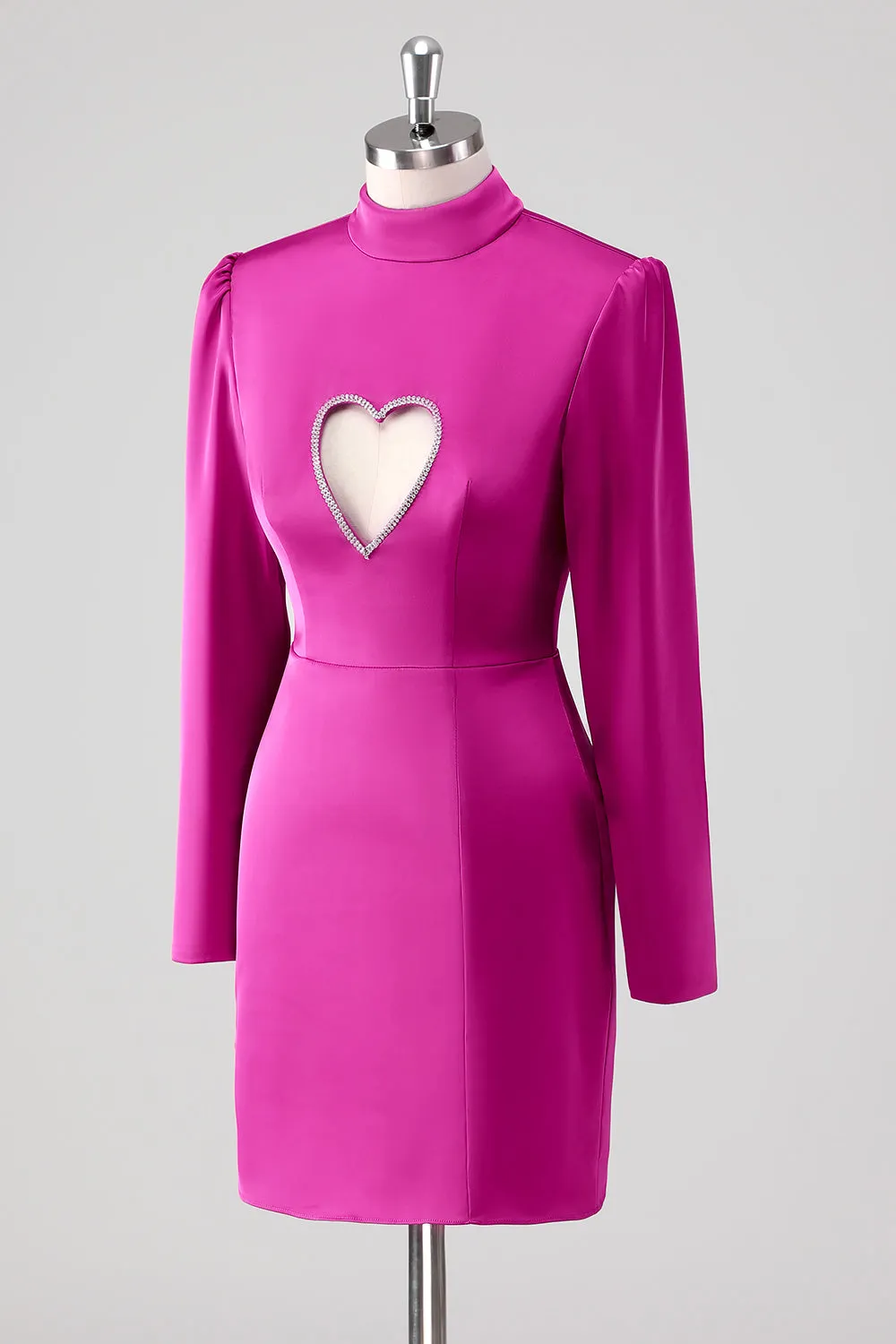 Fuchsia Satin Sheath High Neck Cut Out Short Formal Dress With Long Sleeves sold by Zapaka product image thumbnail 3