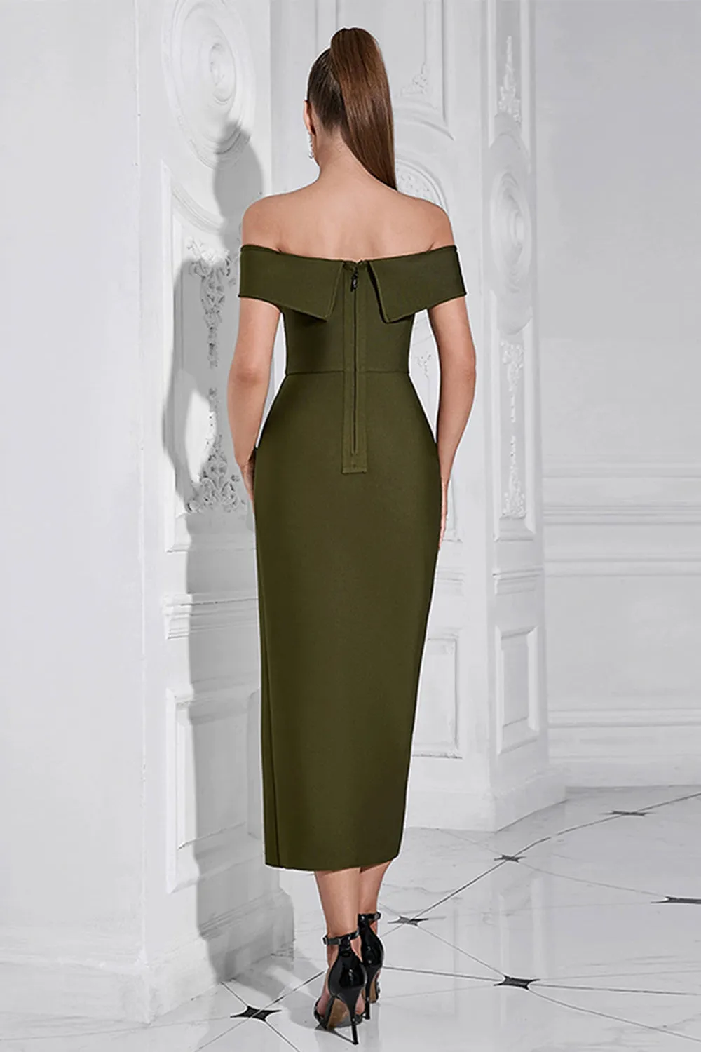 Army Green Sheath Off the Shoulder Tea Length Prom Dress with Slit sold by Zapaka product image thumbnail 2