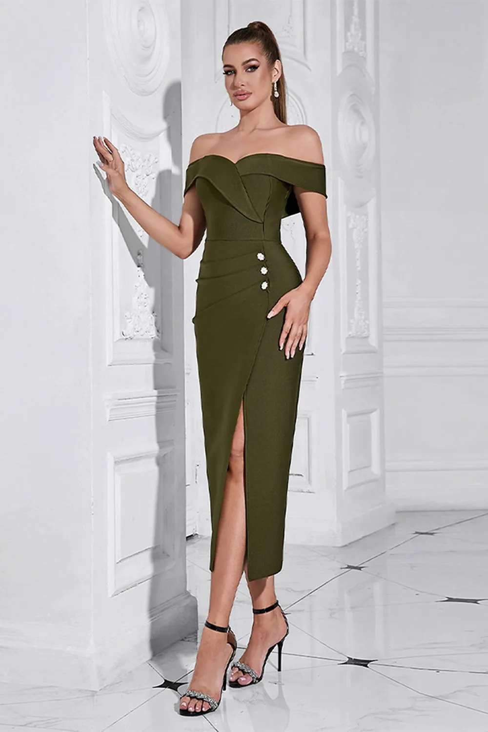 Army Green Sheath Off the Shoulder Tea Length Prom Dress with Slit sold by Zapaka product image thumbnail 5