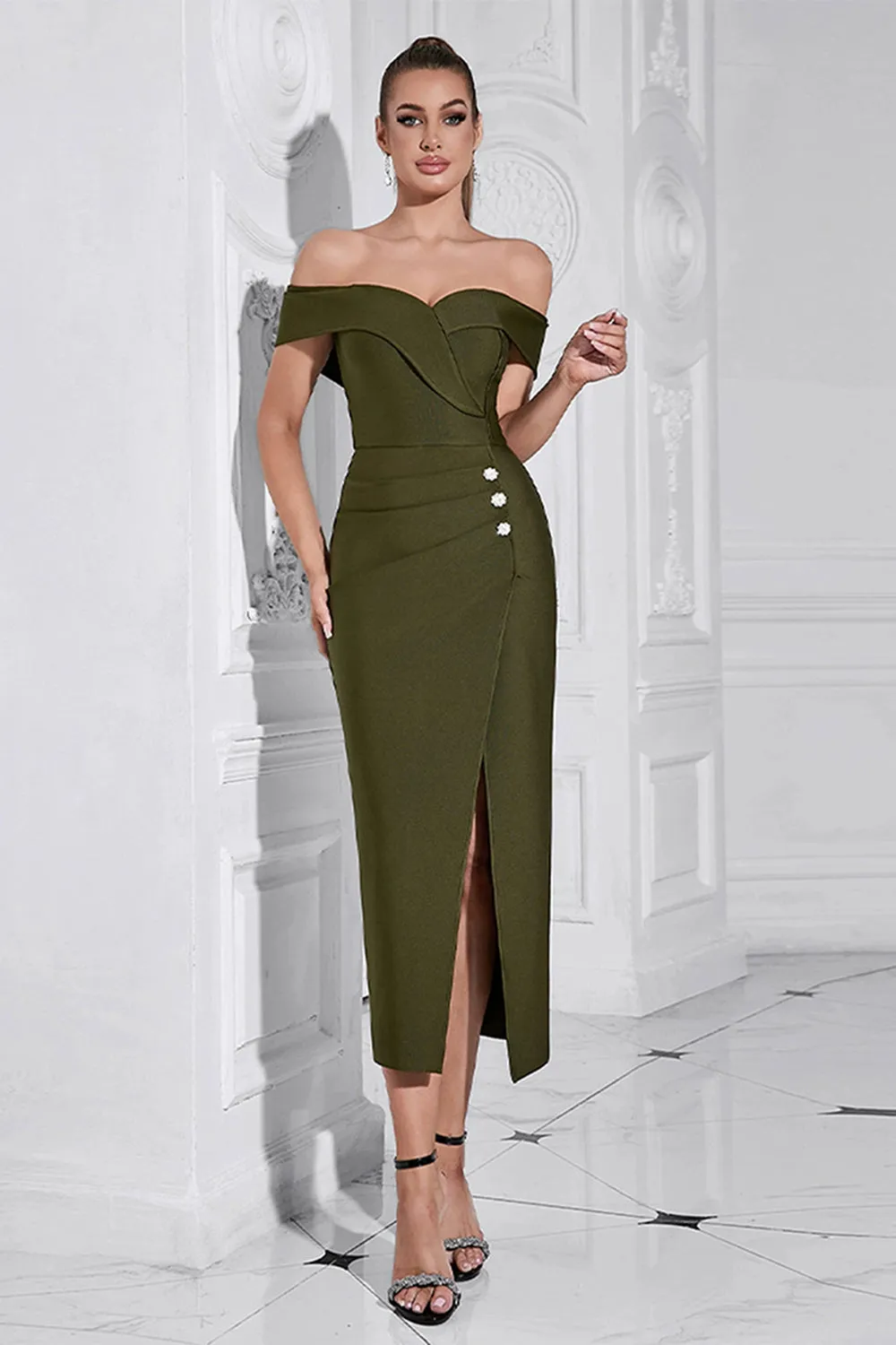 Army Green Sheath Off the Shoulder Tea Length Prom Dress with Slit sold by Zapaka