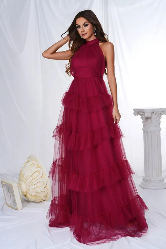 Burgundy A Line Tulle Halter Tiered Long Wedding Guest Dress sold by Zapaka