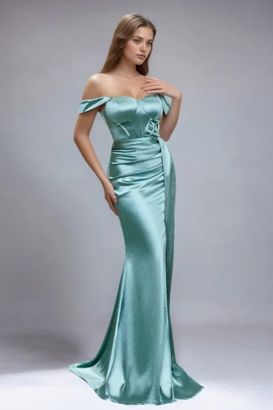Green Mermaid Off The Shoulder Satin Prom Dress with Slit sold by Zapaka