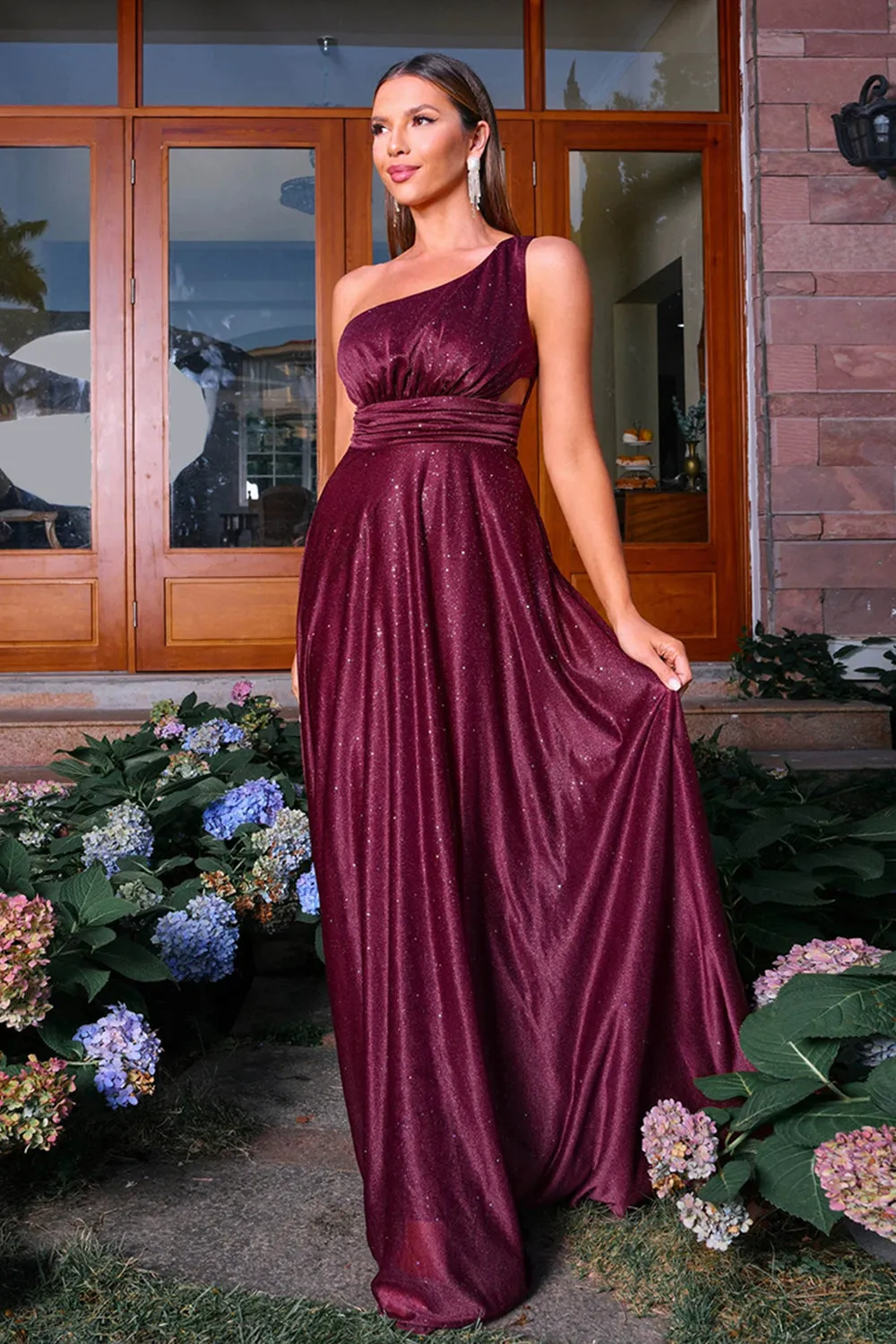 Sparkly Burgunde One Shoulder A Line Ruched Prom Dress sold by Zapaka product image thumbnail 5
