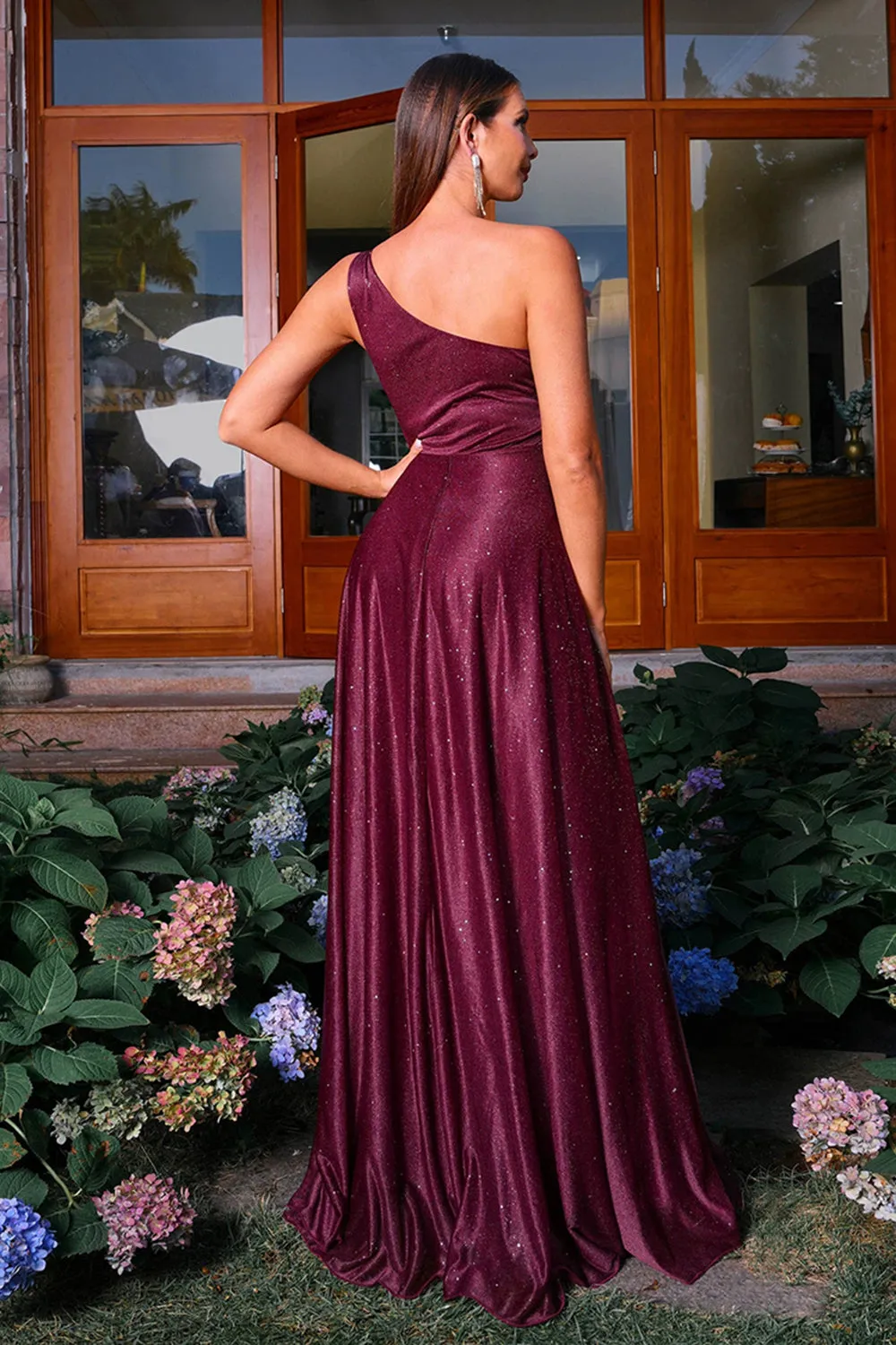 Sparkly Burgunde One Shoulder A Line Ruched Prom Dress sold by Zapaka product image thumbnail 2