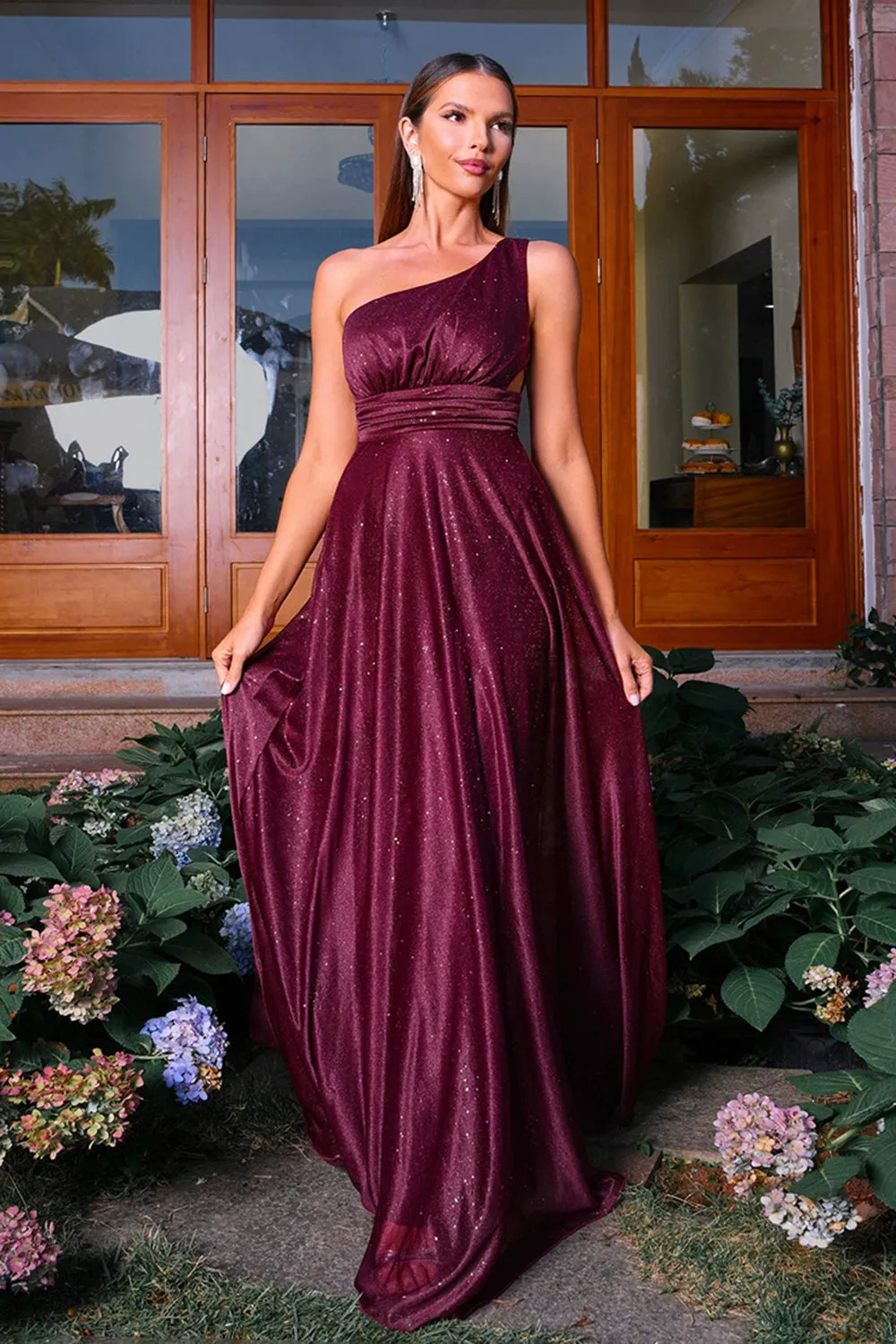 Sparkly Burgunde One Shoulder A Line Ruched Prom Dress sold by Zapaka product image thumbnail 3