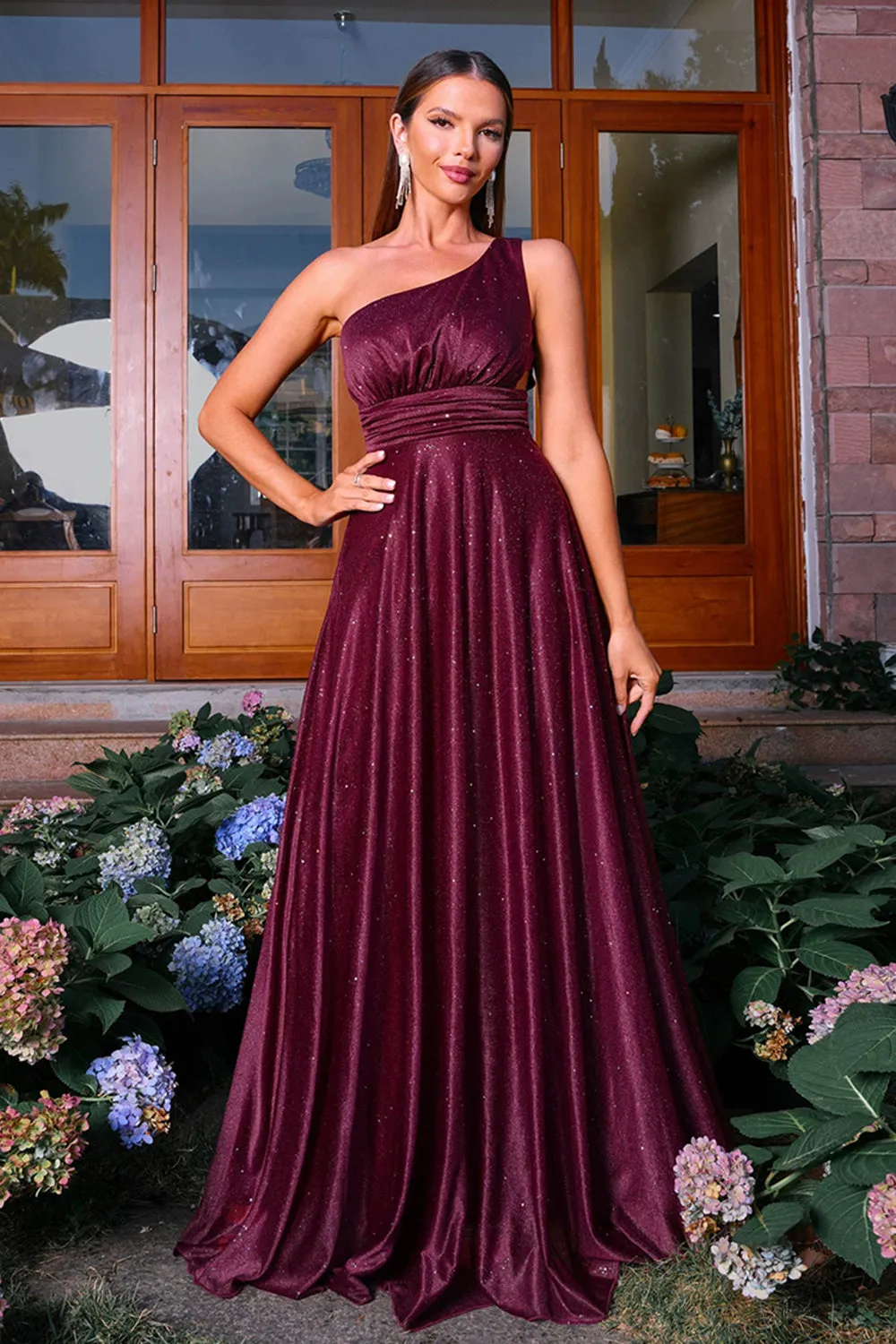 Sparkly Burgunde One Shoulder A Line Ruched Prom Dress sold by Zapaka