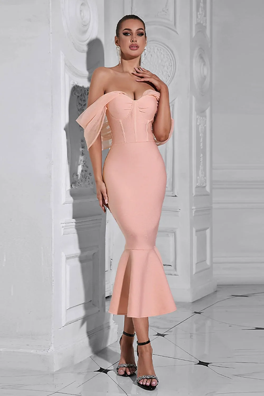Blush Mermaid Corset Off the Shoulder Tea Length Prom Dress sold by Zapaka product image thumbnail 3