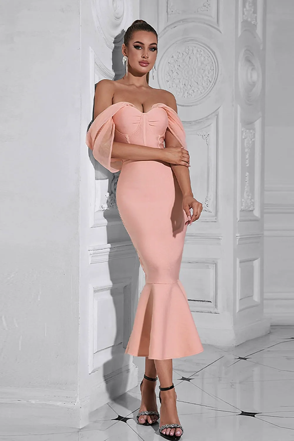 Blush Mermaid Corset Off the Shoulder Tea Length Prom Dress sold by Zapaka product image thumbnail 4