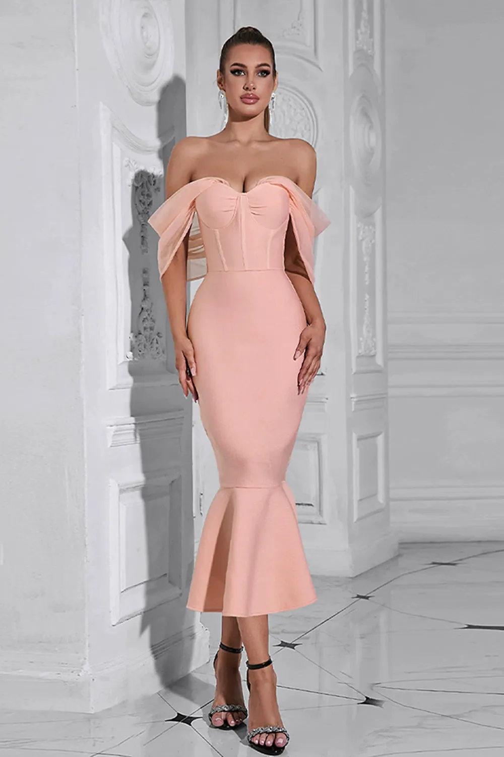 Blush Mermaid Corset Off the Shoulder Tea Length Prom Dress sold by Zapaka