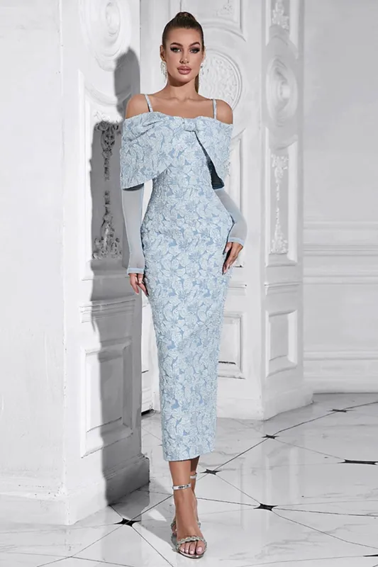 Floral Light Blue Bodycon Cold Shoulder Long Sleeve Prom Dress with Back Slit sold by Zapaka