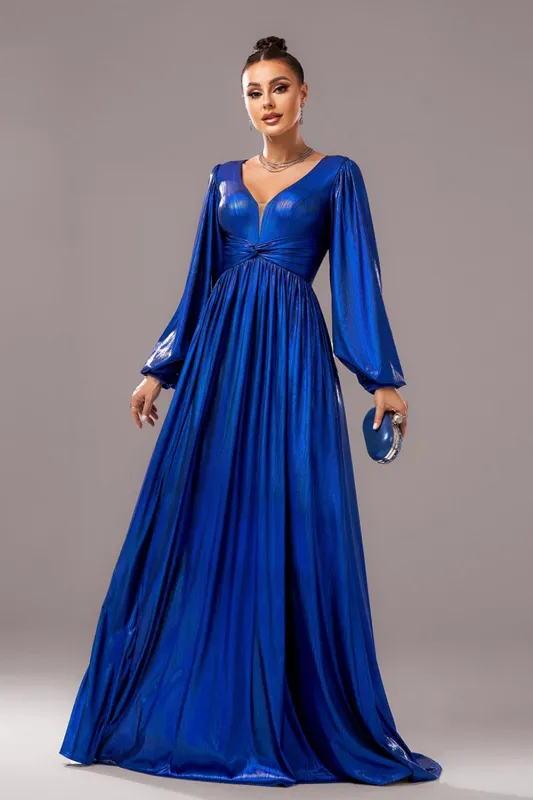 Royal Blue A-Line V Neck Long Sleeves Pleated Long Formal Dress sold by Zapaka