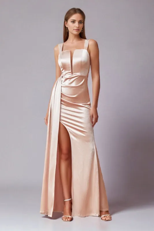 Elegant Blush Satin Sheath Pleated Long Wedding Guest Dress with Side Slit sold by Zapaka