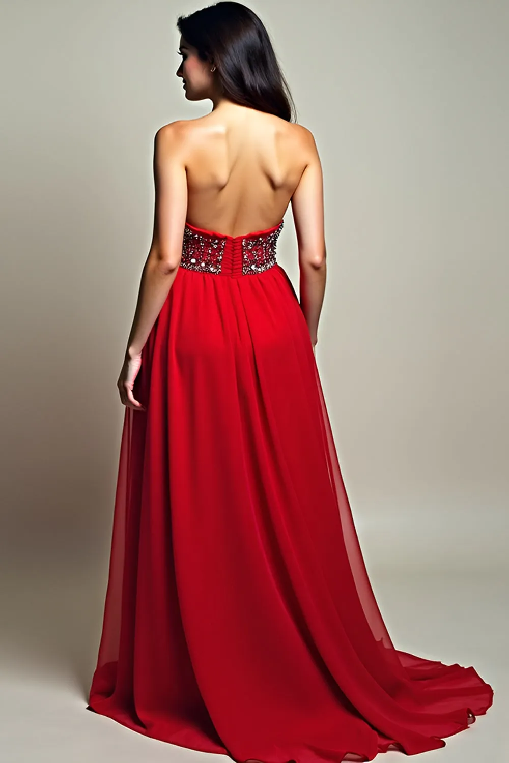 A Line Strapless Red Beaded Long Prom Dress sold by Zapaka product image thumbnail 2
