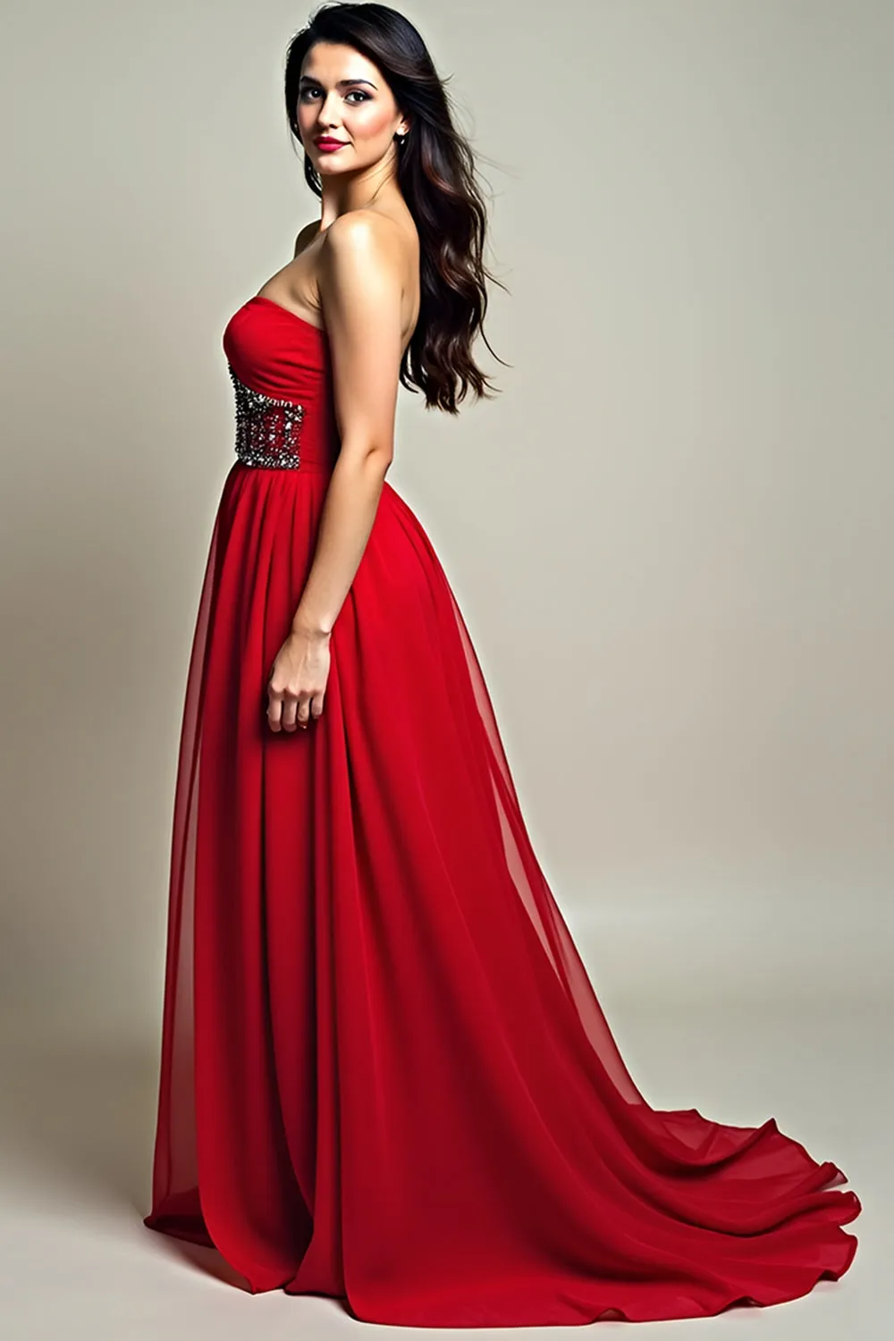 A Line Strapless Red Beaded Long Prom Dress sold by Zapaka product image thumbnail 3