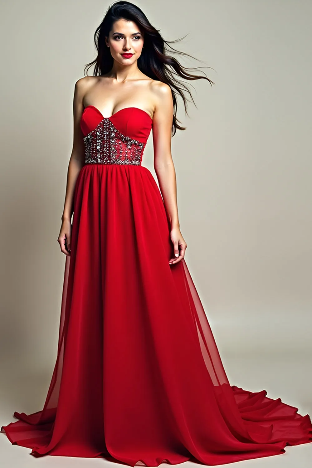A Line Strapless Red Beaded Long Prom Dress sold by Zapaka