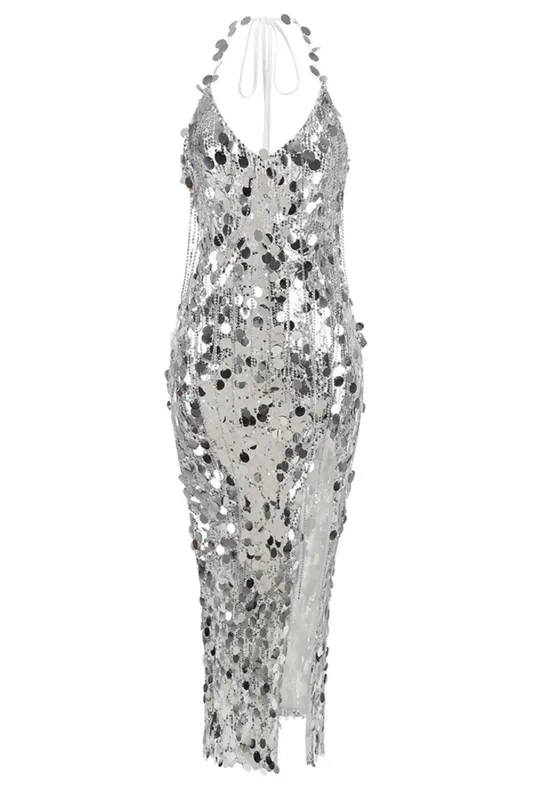 Silver Sheath Halter V-Neck Sequins Tassel Party Dress sold by Zapaka