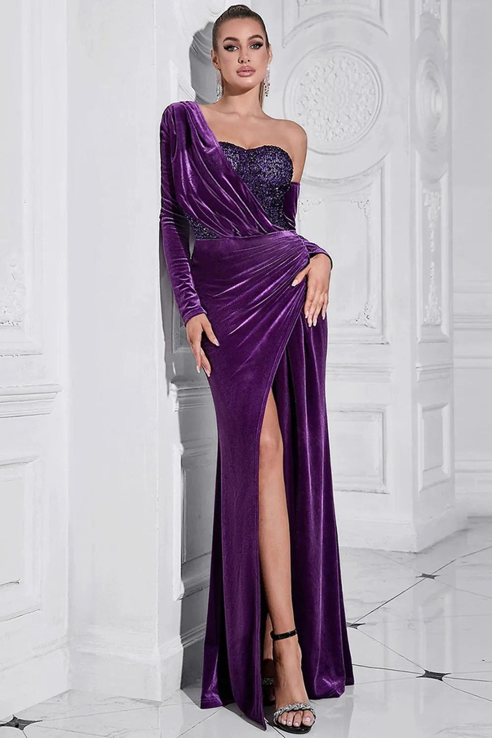 Dark Purple One Shoulder Pleated Long Sleeves Evening Dress with Slit sold by Zapaka product image thumbnail 3