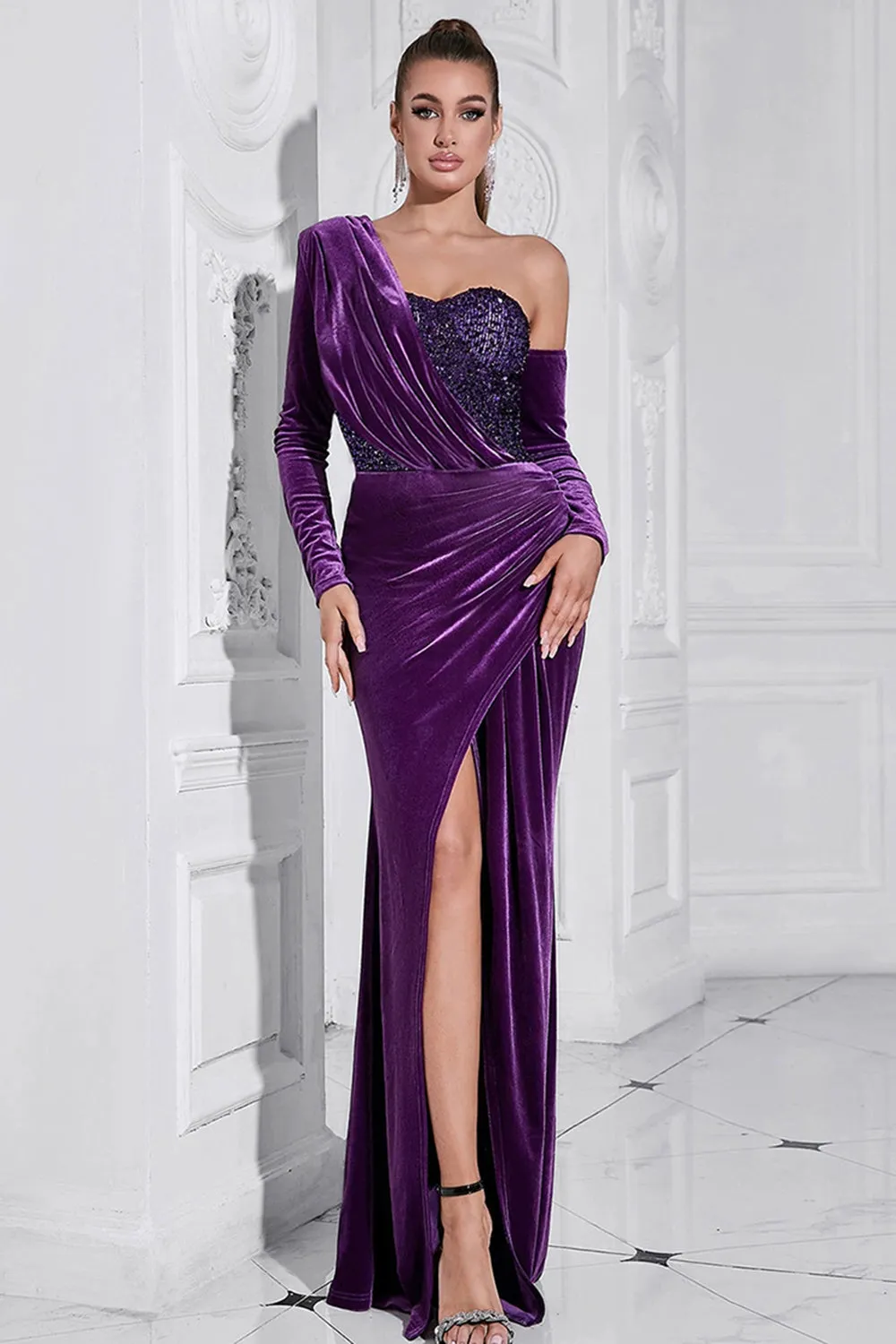 Dark Purple One Shoulder Pleated Long Sleeves Evening Dress with Slit sold by Zapaka