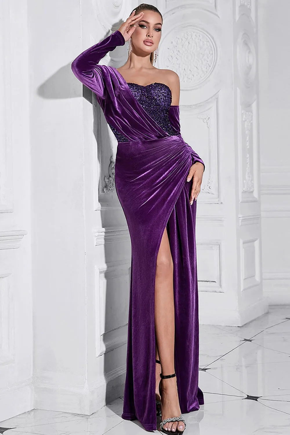 Dark Purple One Shoulder Pleated Long Sleeves Evening Dress with Slit sold by Zapaka product image thumbnail 5