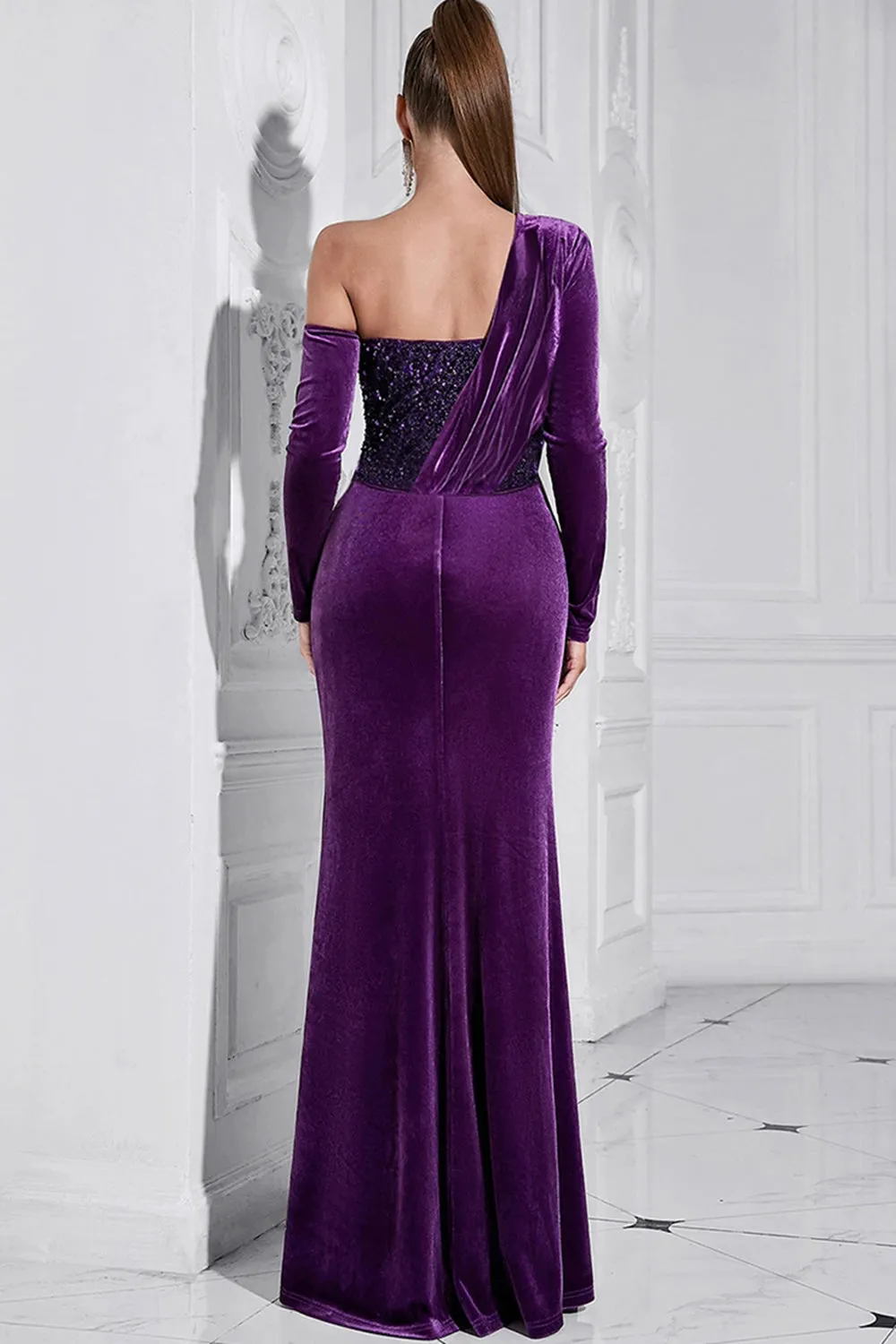 Dark Purple One Shoulder Pleated Long Sleeves Evening Dress with Slit sold by Zapaka product image thumbnail 2