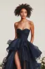 A Line Sweetheart Ruffled Navy Prom Dress with Front Slit sold by Zapaka