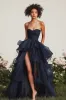 A Line Sweetheart Ruffled Navy Prom Dress with Front Slit sold by Zapaka