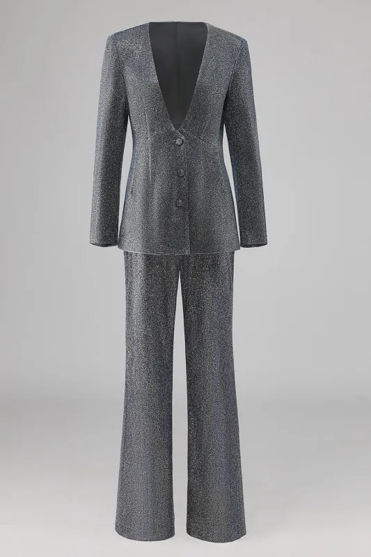 Grey Blue V-Neck Single Button Women's Suits sold by Zapaka